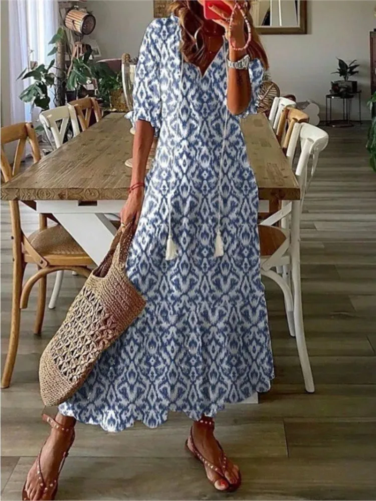 

Women's Boho Printed Chic V-neck Long Dresses 2025 Summer Spring Pocket Party Dress Fall Half Lantern Sleeve Ruffles Vestidos