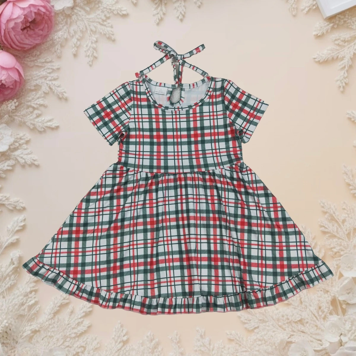 

Baby Girl Christmas Red Green Plaid Dress Toddler Holiday Knee Length Dresses Short Sleeve Bow Ruffle Party Clothes for Girls