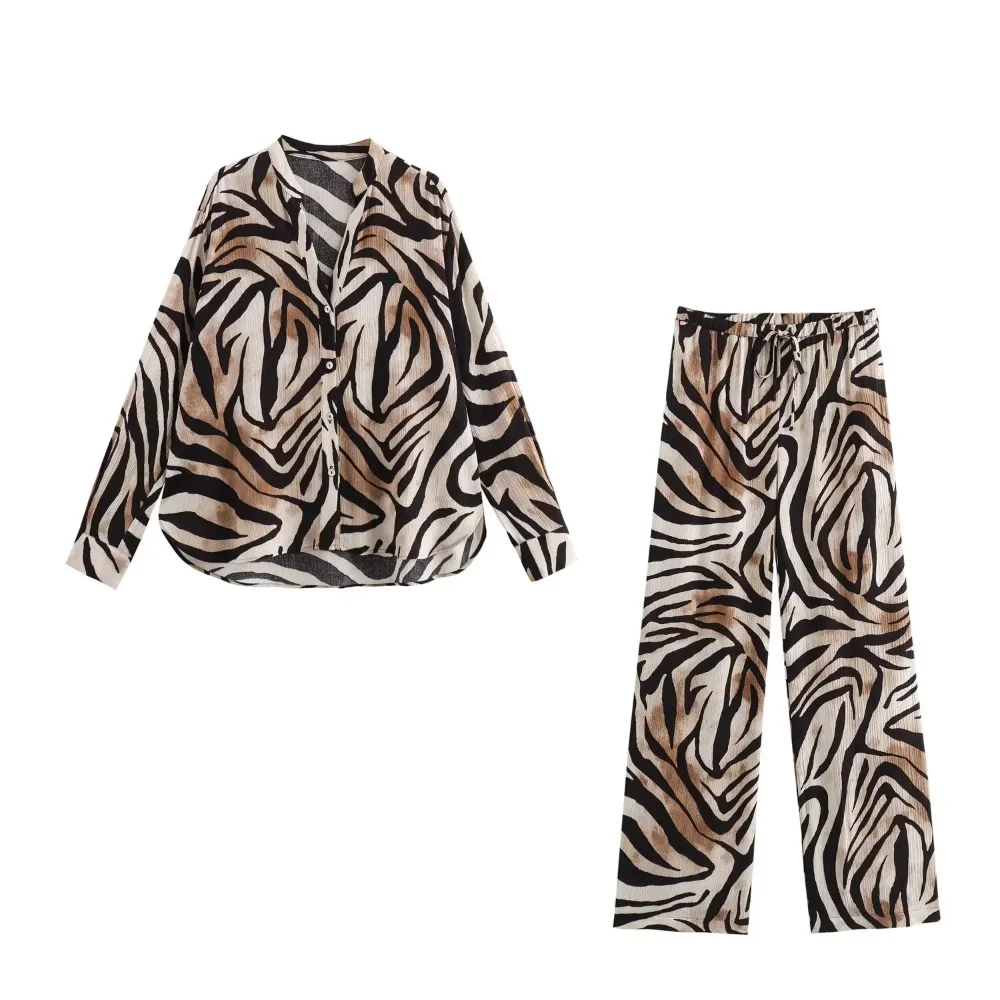 KONDALA Vrouwen Zebraprint Shirt Set Dames V-hals Knoppen Shirt Broek 2-delige set Nieuwe lente herfst Mode Vakantie Broekset