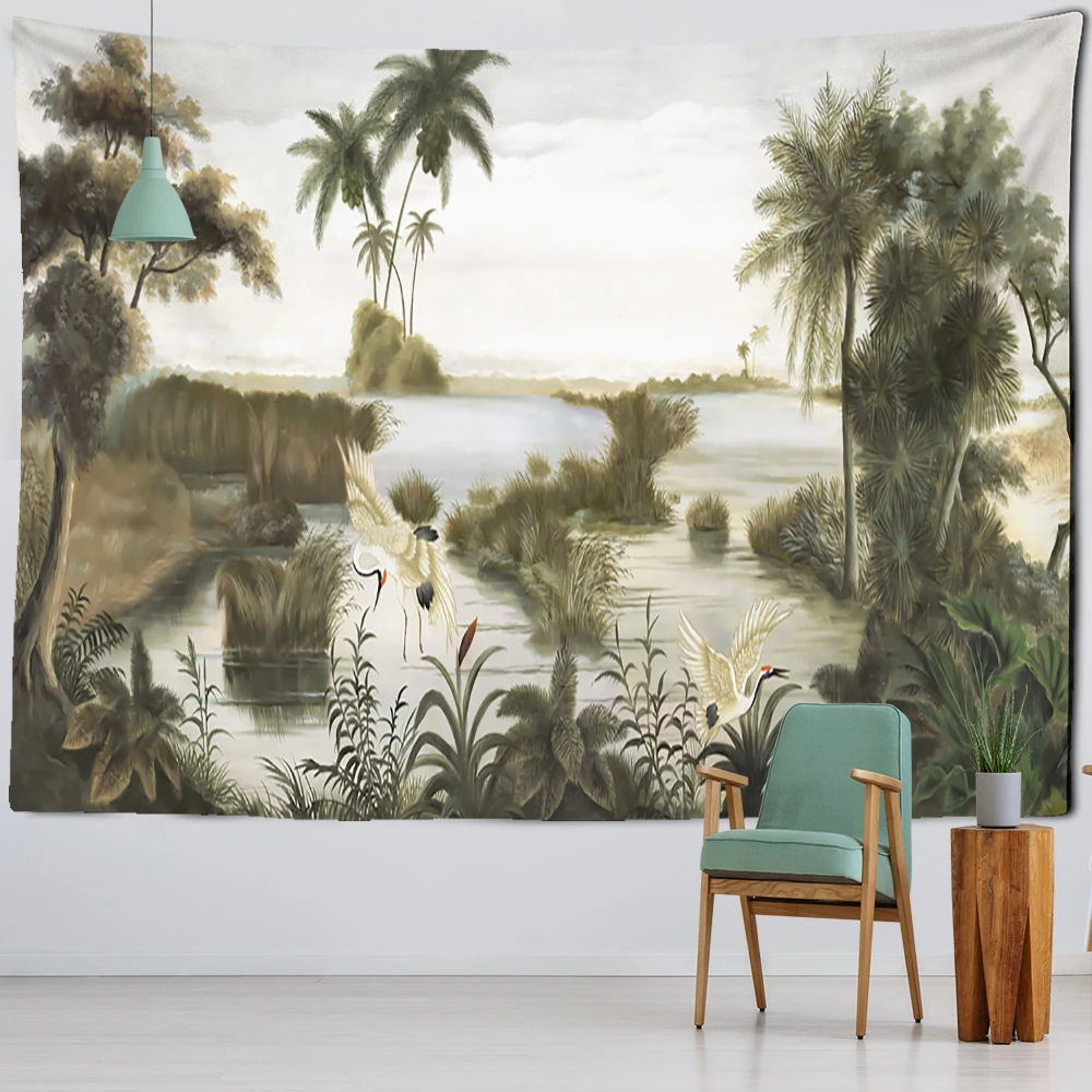 Red-Crowned Crane Retro Mural Tapestry Wall Hanging Bohemian Tropical Plant Tapiz Psychedelic Aesthetics Room Decor