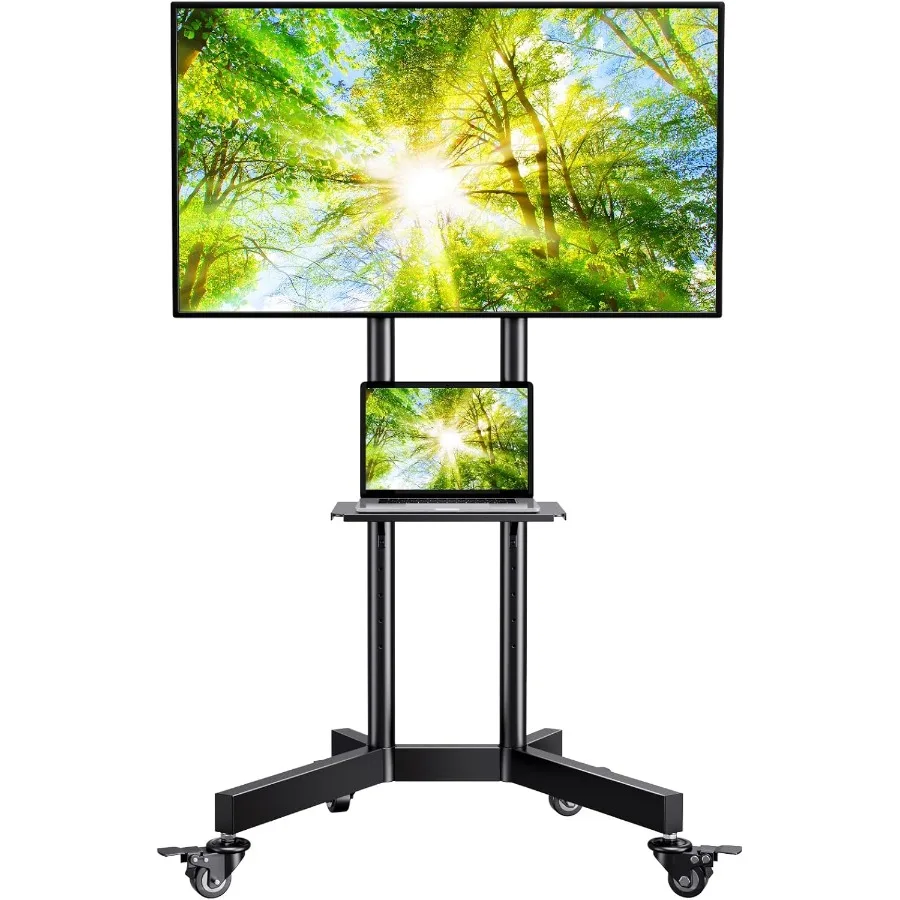 Height Adjustable Rolling TV Stand with Lockable Wheels for 3285 Inch TVs up to 132 Lbs Mobile TV Cart on Wheels with Laptop Sh