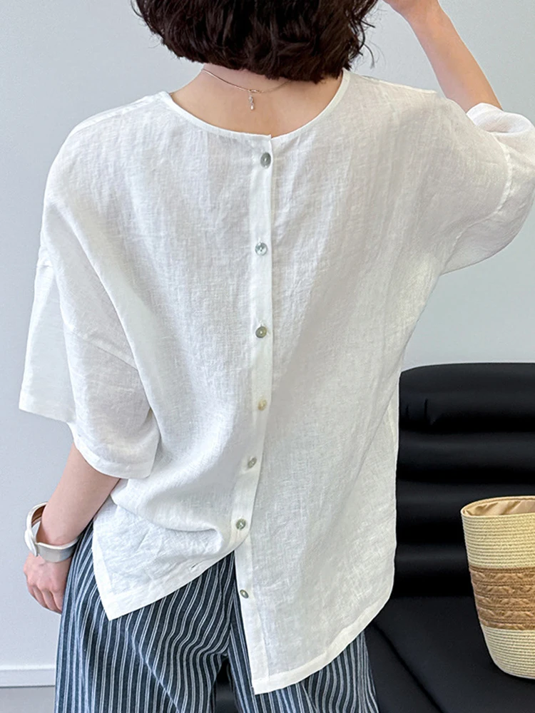 YERMORA Pink Color Back Button Linen Thin Blouse For Women O-neck Half Sleeve Loose New Shirt Fshion Tide Spring Summer 2025