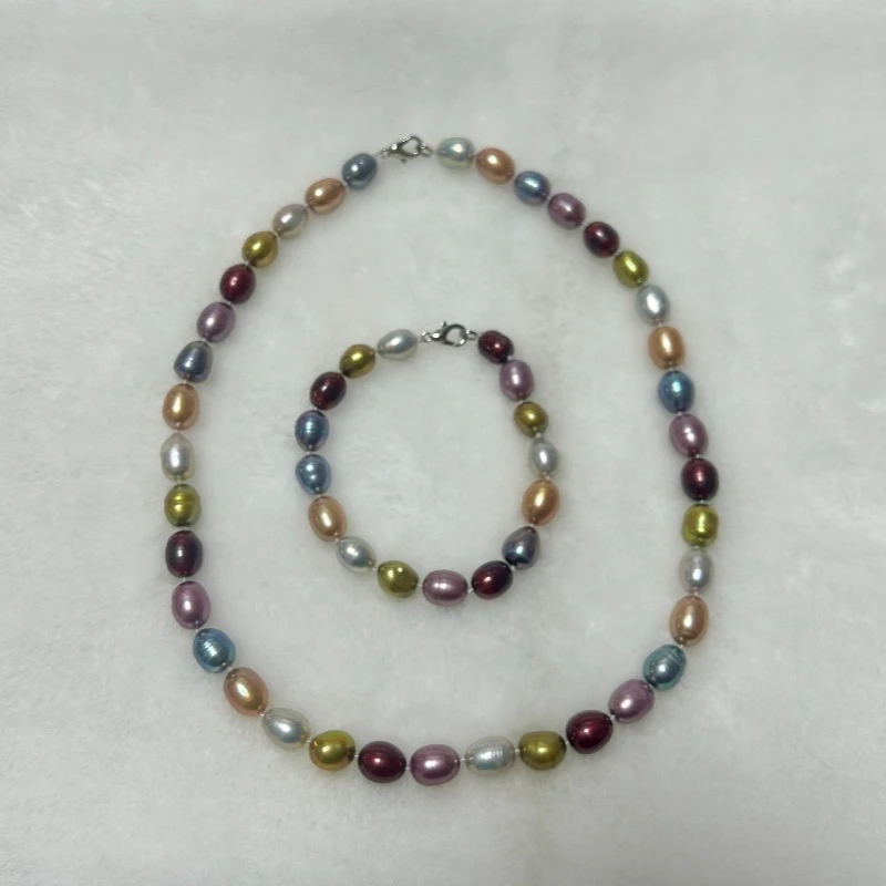 Set of Finished DIY Necklace with 8-9mm Strong Light, Near Flawless, Gradient Pearl Tower Chain, and Natural Rice-shaped Pearls