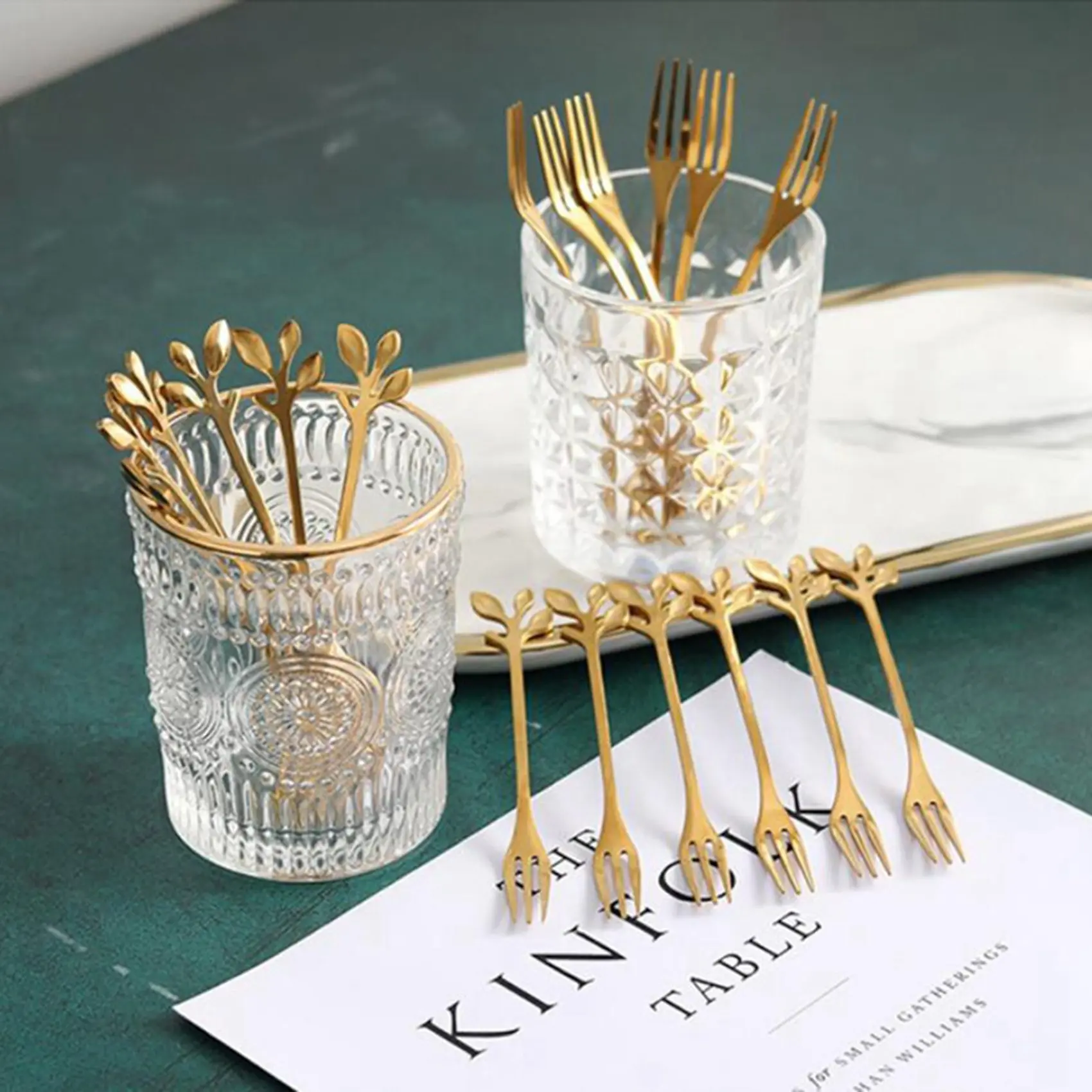 Picture 4: A84X-40Pcs Stainless Steel Flatware Fruit Fork Dinnerware Appetizer Snack Dessert Fork Kitchen Tableware Leaf Shape