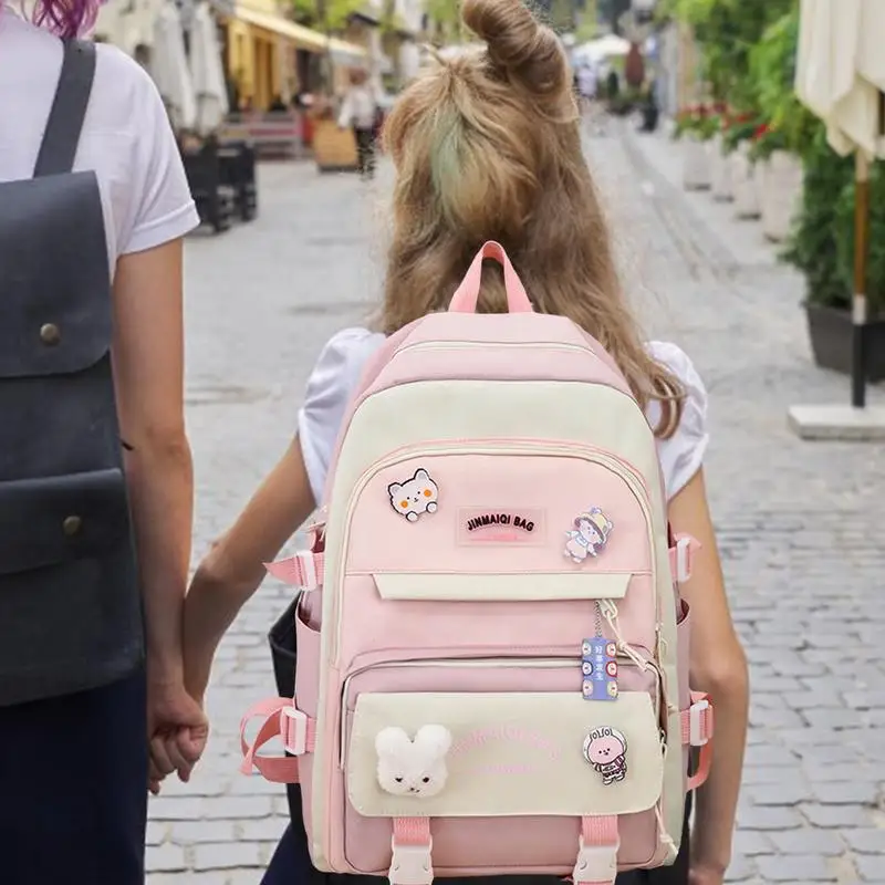 Cute Backpacks Combo School Backpack Combo Set With Kawaii Bear Pendant Pin 5 Pieces Lightweight Oxford Canvas Backpack Kit With