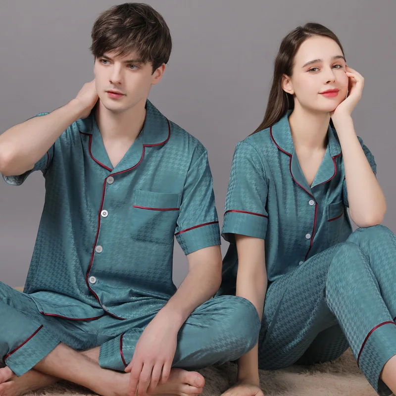 High Quality Couple Pajamas Suit Summer Short Sleeve Long Pant Home Cloth Men Ice Silk Thin Satin Large Size Sleepwear Set Women