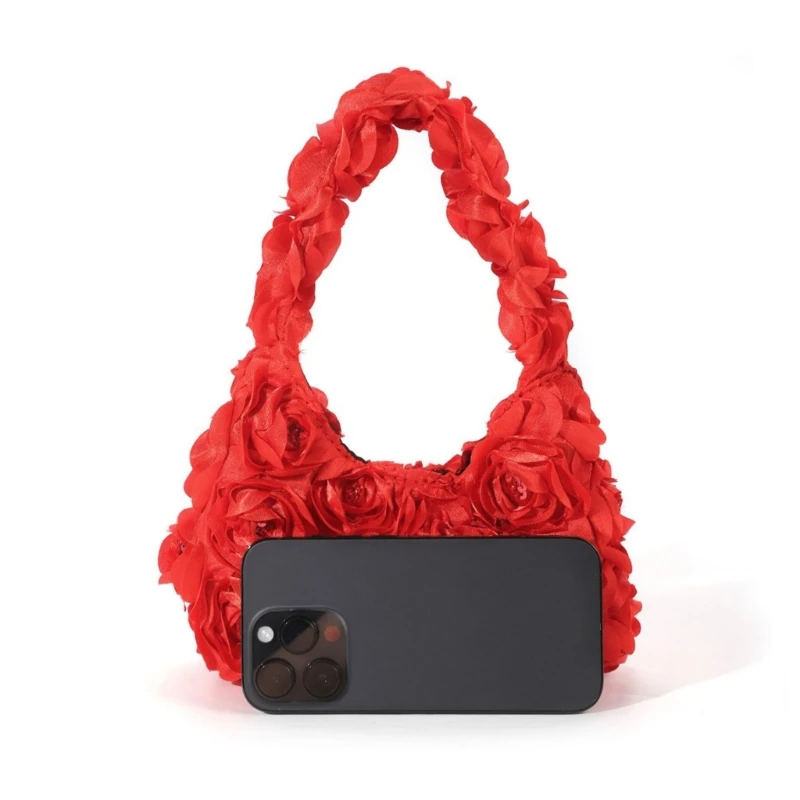 Bolso mano para mujer con satén 3D decoración floral rosas bolso noche con lentejuelas para bodas fiestas