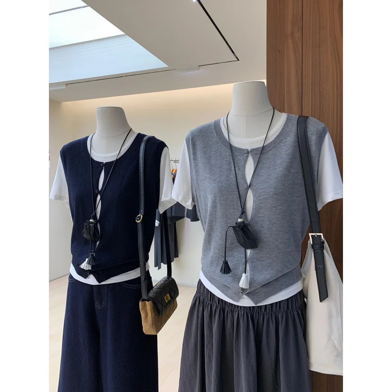

Early Autumn Layered Look Color-Block Double Layer Two-Piece Short Sleeve Women'S Korean Style Design Vest Knitwear With Sm