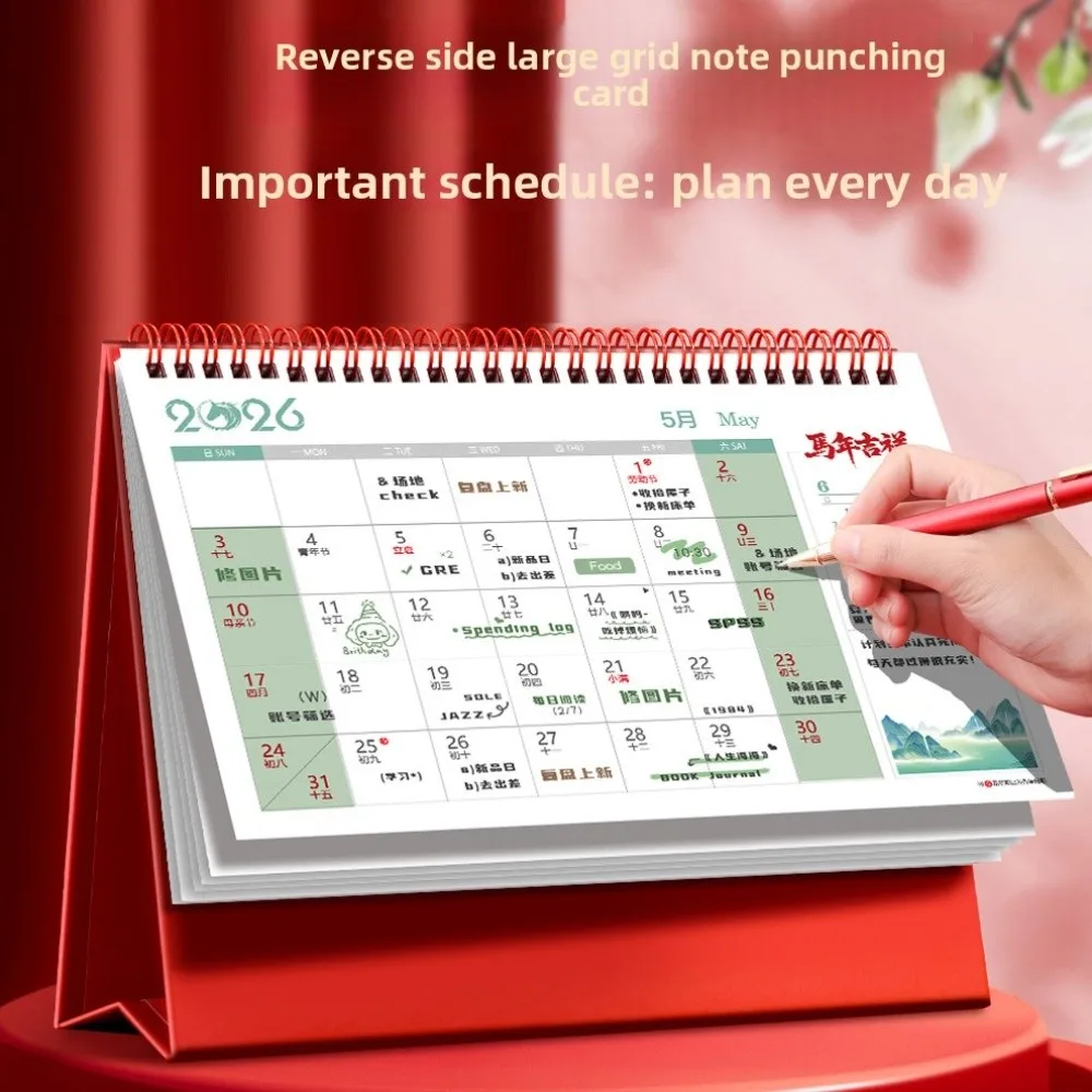 Horse Year 2026 Desk Calendar Chinese Style Traditional New Year Calendar Blessing Words Zodiac Standing Flip Calendar