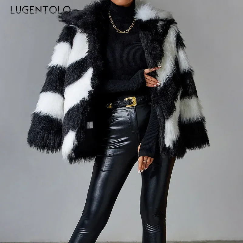 Women Plush Faux Fur Coat Fashion Autumn Winter Lapel Warm Lady Causal New Street Cardigan Outwear Clothing Lugentolo