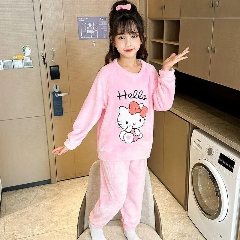 Sanrio Girl Kuromi Pajamas Suit Hot Hello Kitty My Melody Kawaii Children Winter Style Flannel Home Clothing Cartoon Princess