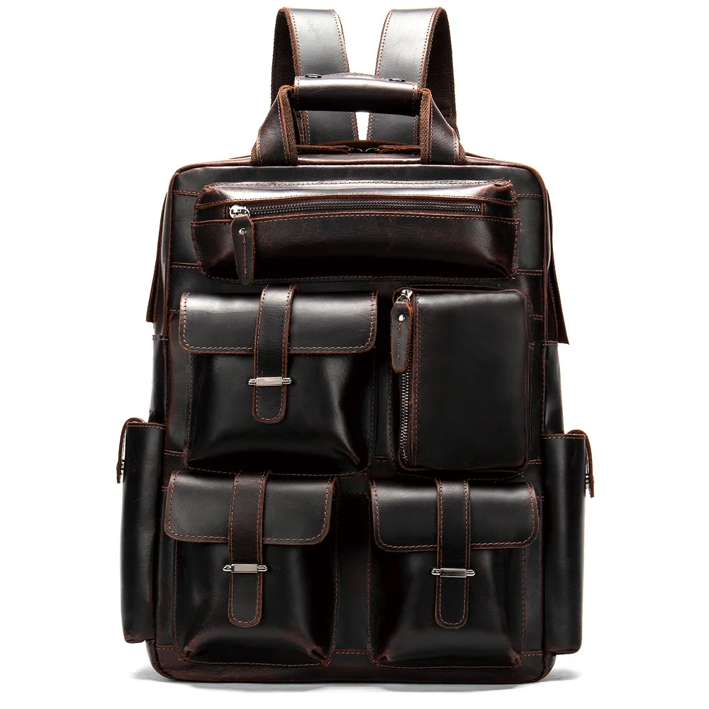 High Quality Vintage Style Brown Leather Backpack Bag Men's Genuine Leather Laptop Backpack Zipper Closure Travel School Bag