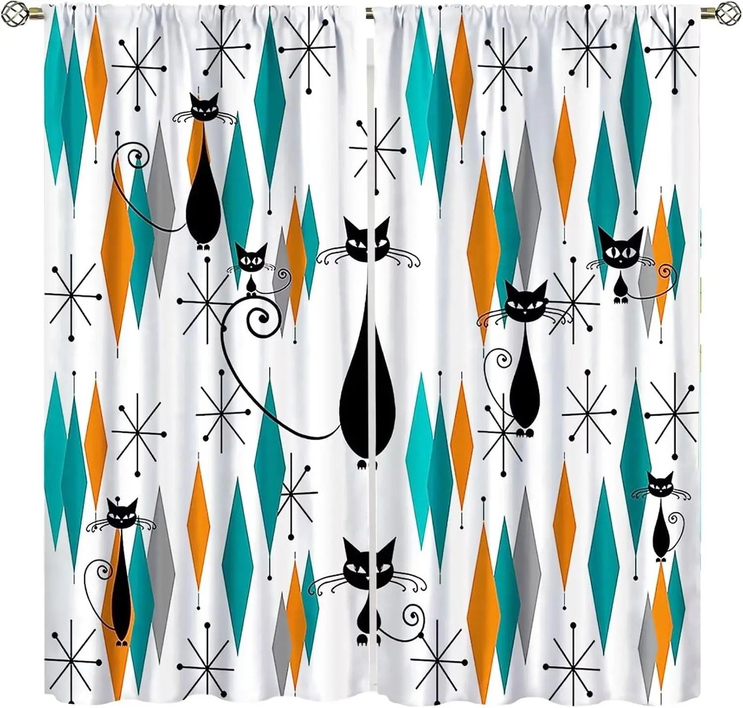 Cute Cat Geometric Curtain Pair Modern Window Panels Home Decor Curtains Set 2pcs Abstract Print for Living Room Bedroom Style
