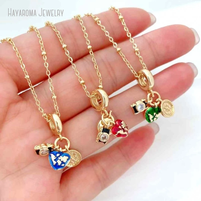 5Pcs Gift For Her Jewelry Enamel Wholesale Copper Metal Gold Color Hearts Heart Shape Point Camera Necklace