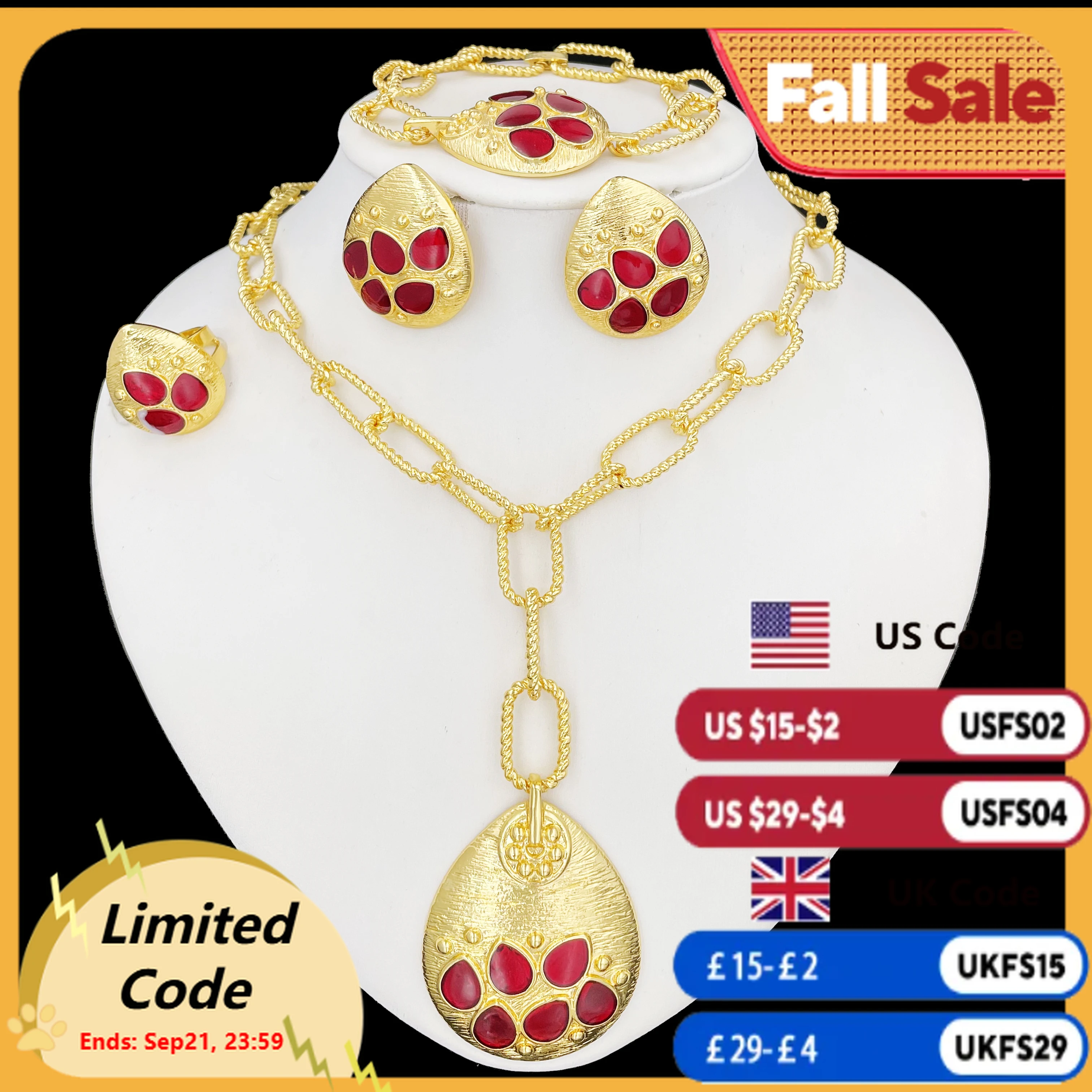 

Women Jewelry Set Latest Design Gold Plated Long Pendant Necklace Earrings Bracelet And Ring Full Set Jewelry Party Trending