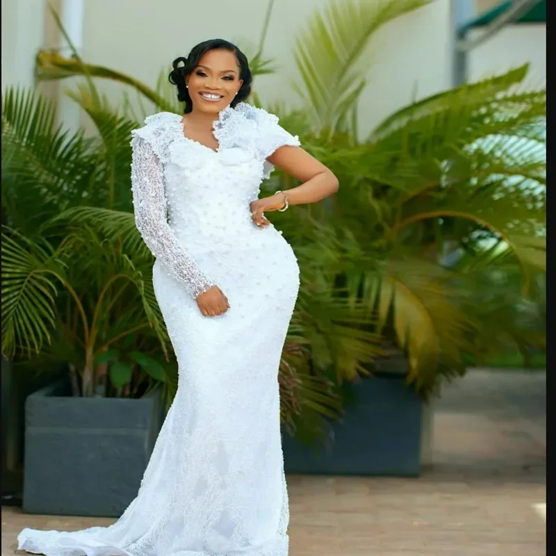 

Индивидуальное свадебное платье с V-образным вырезом, расшитое блестящими жемчужинами и бисером, с иллюзорными кружевными рукавами и жемчугом, для невесты (Robe De Mariée)