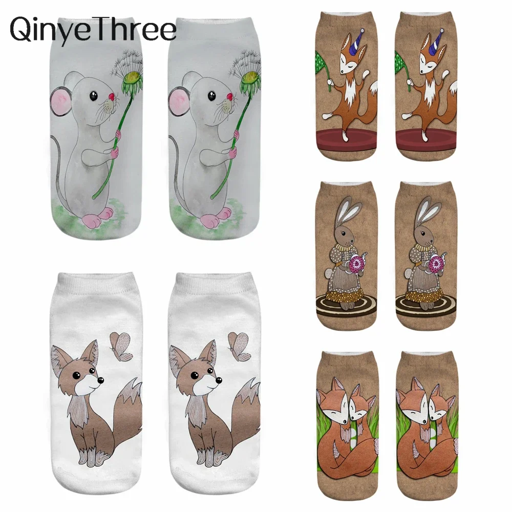 

New Hot Selling 3D Printed Cute Animals Hapyy Rabbit Mouse Fox Bunny Short Ankle Socks Dropship