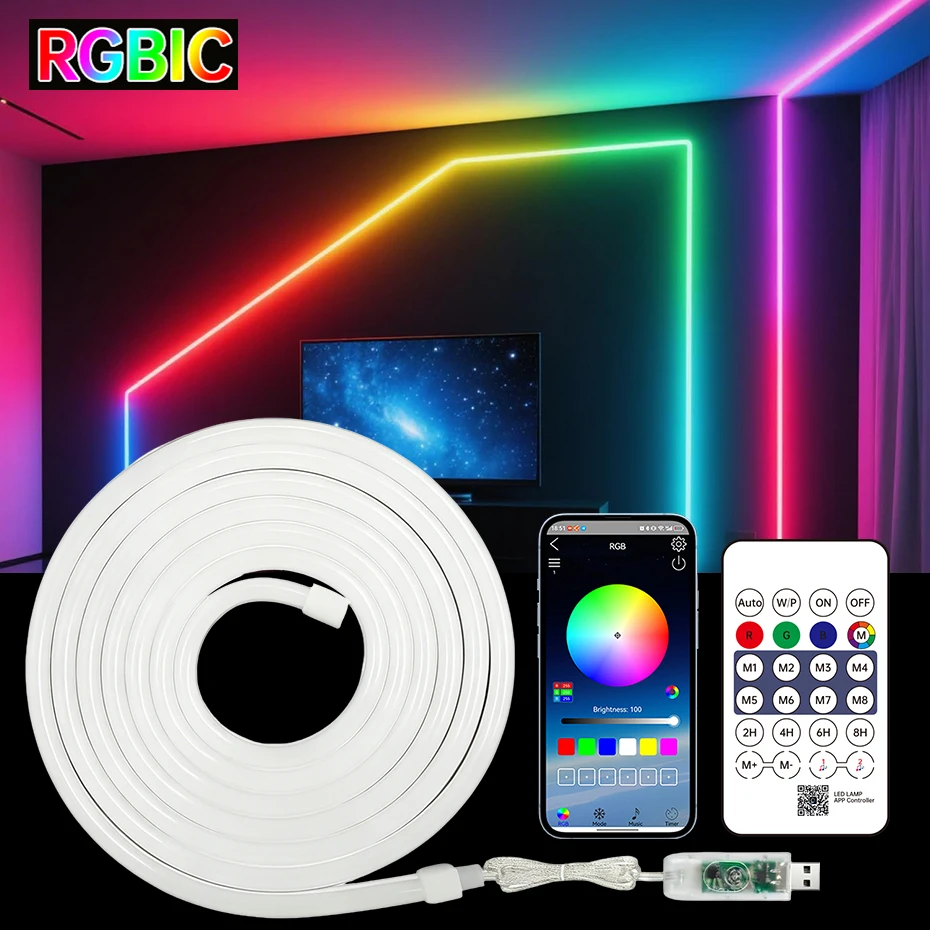 USB DC5V RGBIC Flexible Neon Strip Lights Bluetooth Remote Control Multiple Modes Music Sync Waterproof LED Strip Neon Rope Lamp