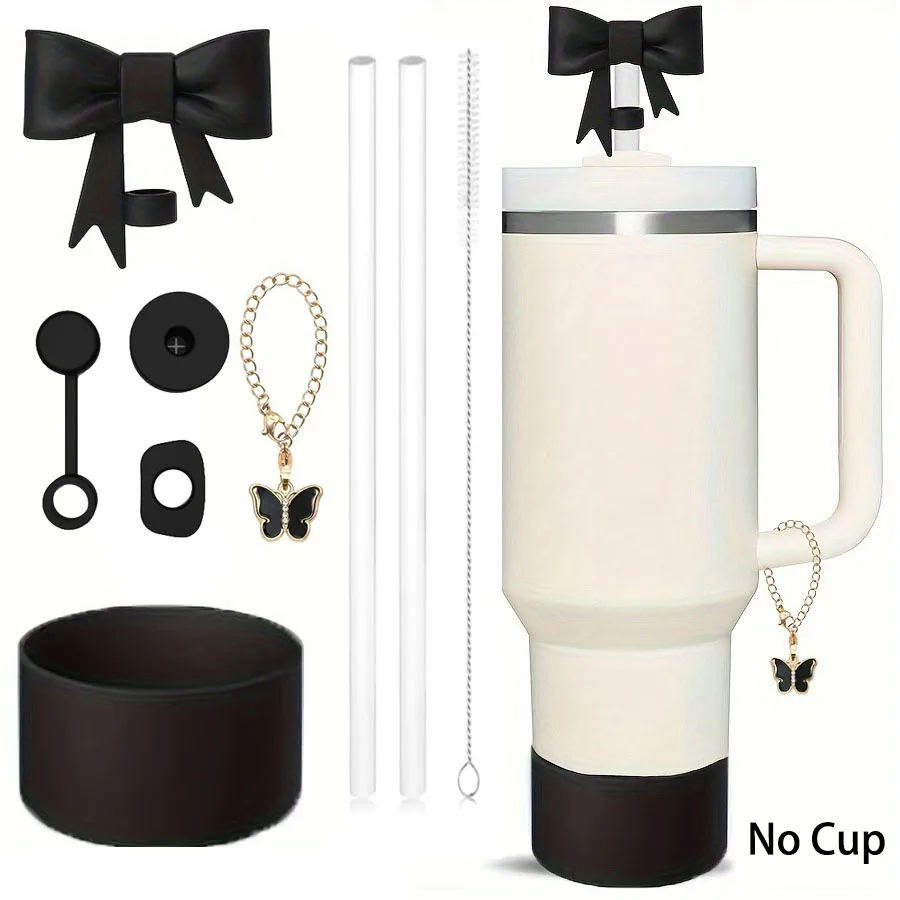 9pcs Cup Accessories for Stanley Spill Proof Stopper Water Bottle Boot Charm Chain for Tumbler with Handle Bow Silicone Straw