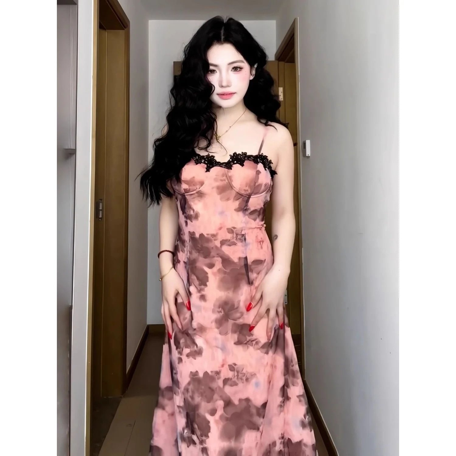 Floral Print Slimming Strap Long Dress Fashionable Autumn Winter Two-Piece Set Elegant Casual H-Shape Print Dresses