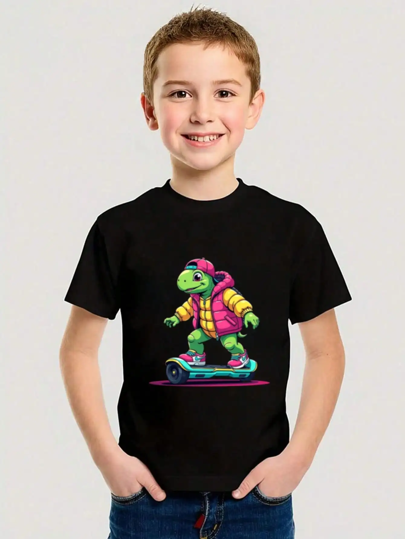 

Boys/Girls Summer Skater Turtle Cotton Graphic Tees, Black Casual Summer Tops With Cool Turtle On Hoverboard