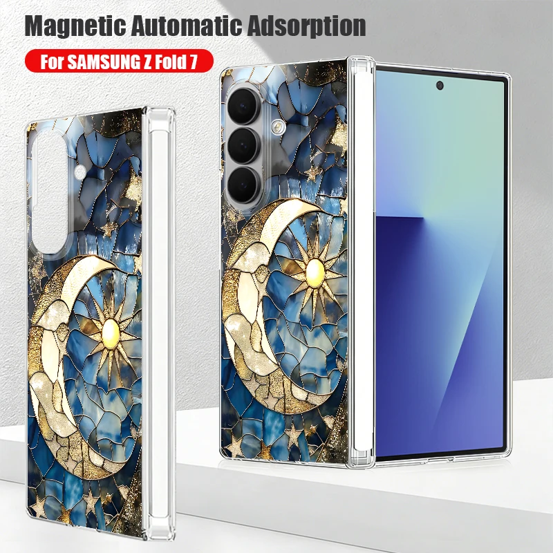 Klare magnetische Handyhülle mit automatischer Adsorption für Samsung Galaxy Z Fold 8 Ultra 7 6 5 Fold7 Fold6 5G Vintage Mond-Print Hartschalenhülle