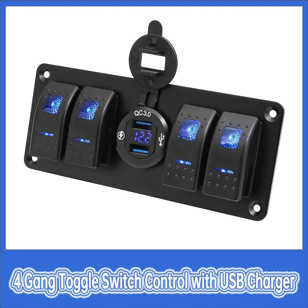 4 Gang Toggle Switch Control with USB Charger Car Switch Panel Lighter Socket Circuit Breaker for Car Boat Camper Marine RV 12V