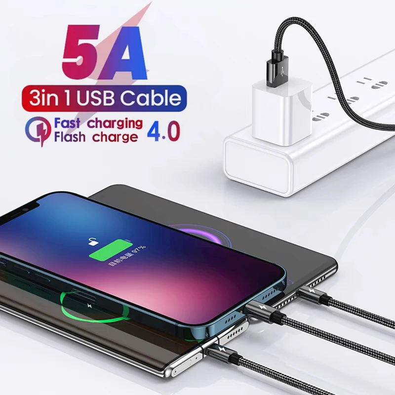 3 in 1 Super Fast Charging USB Cable for iPhone 14 Samsung Huawei Xiaomi Redmi POCO Micro USB Type C Charger Braided Cable 1m 2m