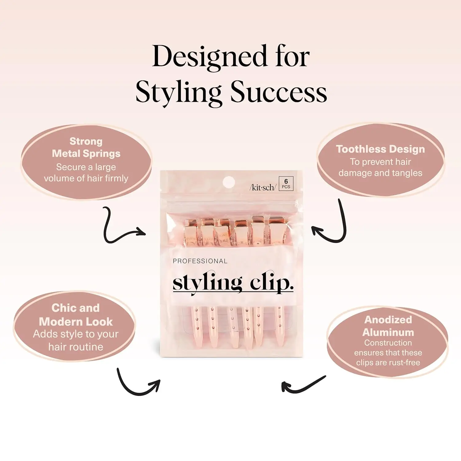 3.5" Rose Gold Aluminum Hair Clips for Salon & Makeup - 6 Pcs, Durable & Lightweight