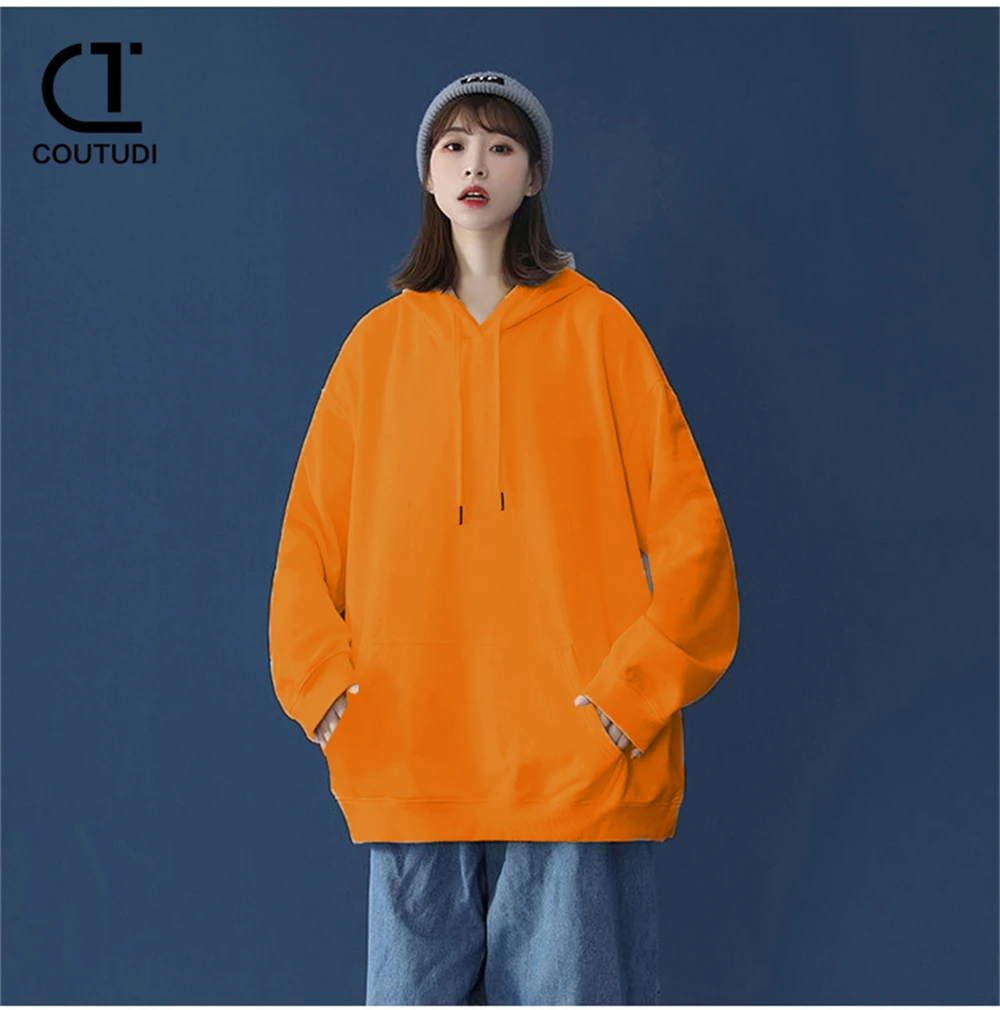 COUTUDI Korean Fashion Hooded Sweatshirt T-shirt Oversize Solid Color Women\'s Sweater Pocket Sports Loose Pullover Tops Hoodies