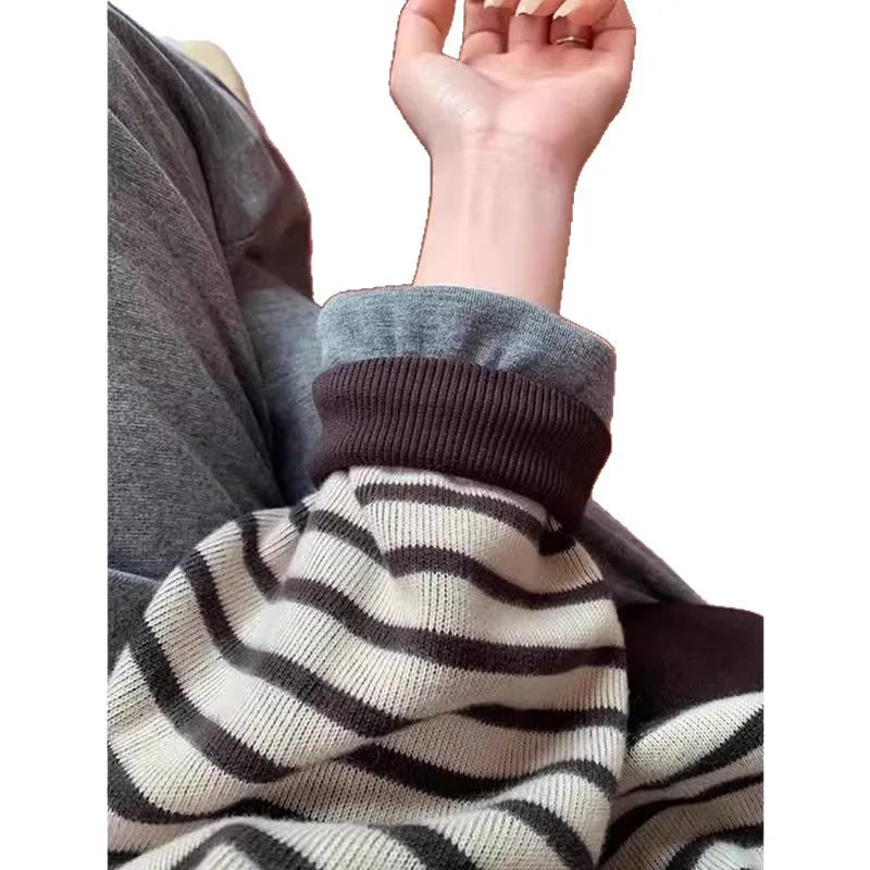 Sudadera con capucha coreana de cuello redondo a rayas para mujer en otoño e invierno, nuevo estilo con abrigo grueso y de felpa, informal holgada de gran tamaño