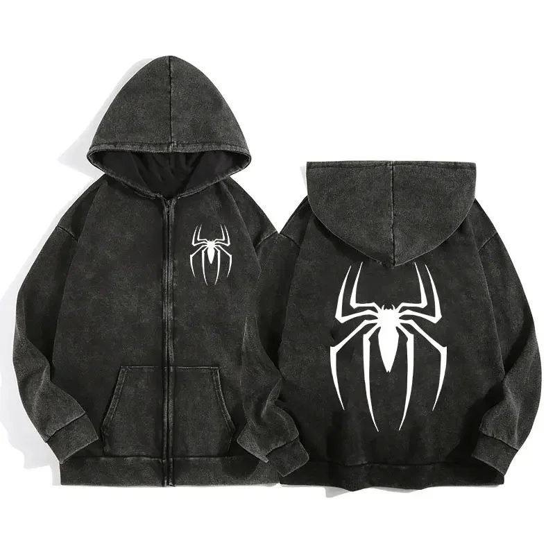 Y2K Acid Wash Zip Up Hoodie Harajuku Retro Gothic Graphic Spider Print Jacket Sweatshirt High Quality Cotton Men Women Clothing