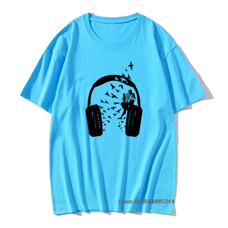 DJ Rock Headphone & Accordion Music T Shirts College Student Tshirt Men Short Sleeve Loose Natural Cotton Tops Tees Summer