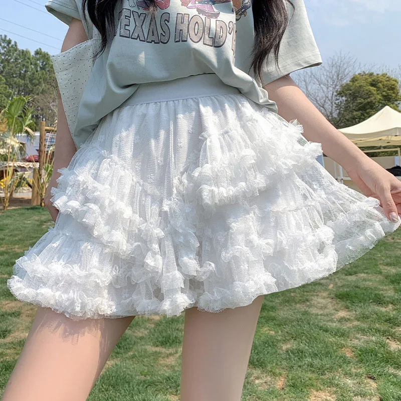 

Sweet White Lace Mesh Skirts For Women Summer Lovely Fairy Puffy Ballet A-line Skirt Woman Sexy Party Club Mini Tulle Skirts