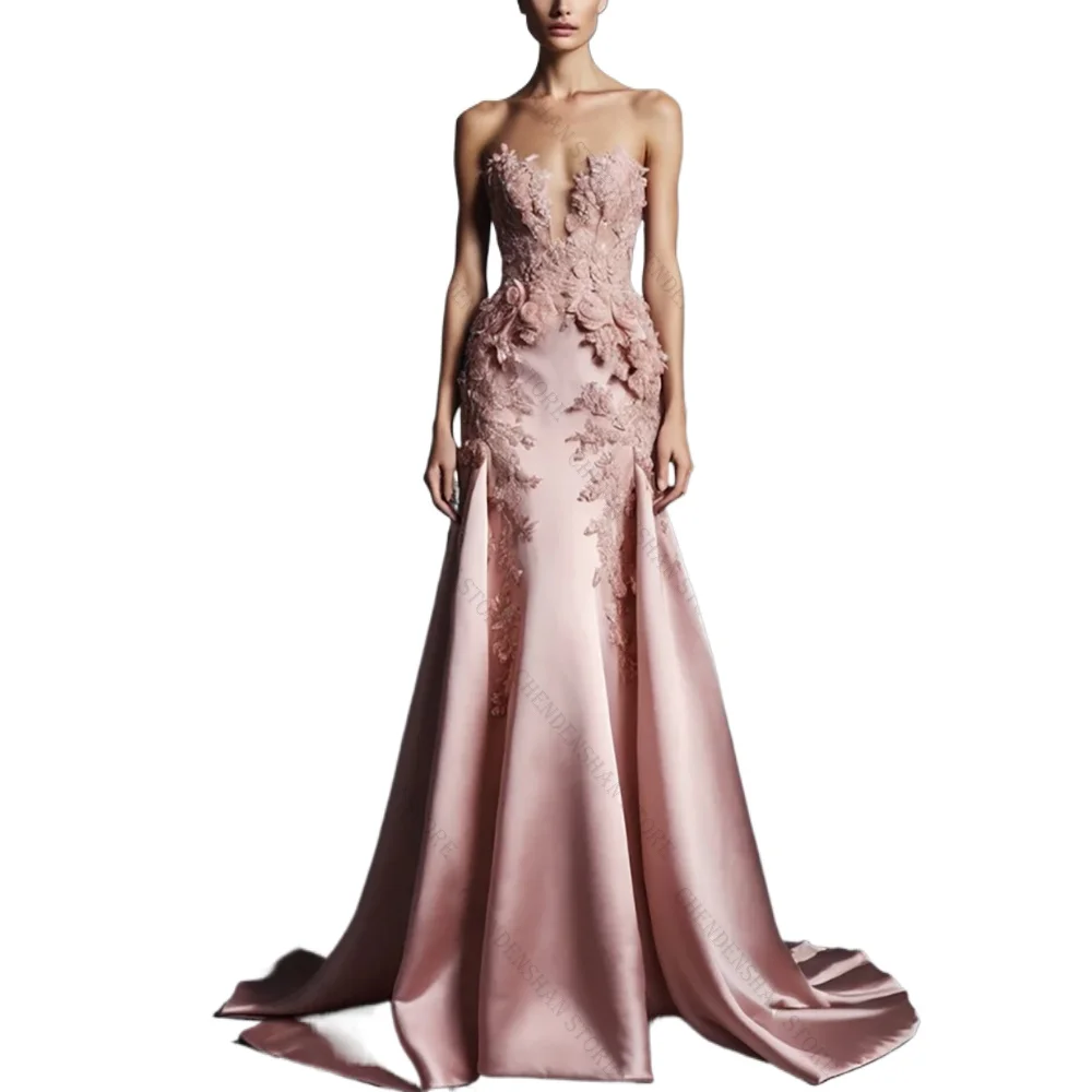 Klassisches, elegantes, trägerloses Abendkleid mit Applikationen, Satin, A-Linie, formelles Abendkleid für Damen, Robes de Soirée, individuelle Kleider
