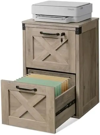 2 Drawer File Cabinet with Lock, Wood Farmhouse Filing Cabinet for Home Office, Printer Stand Fits Letter and A4 Size