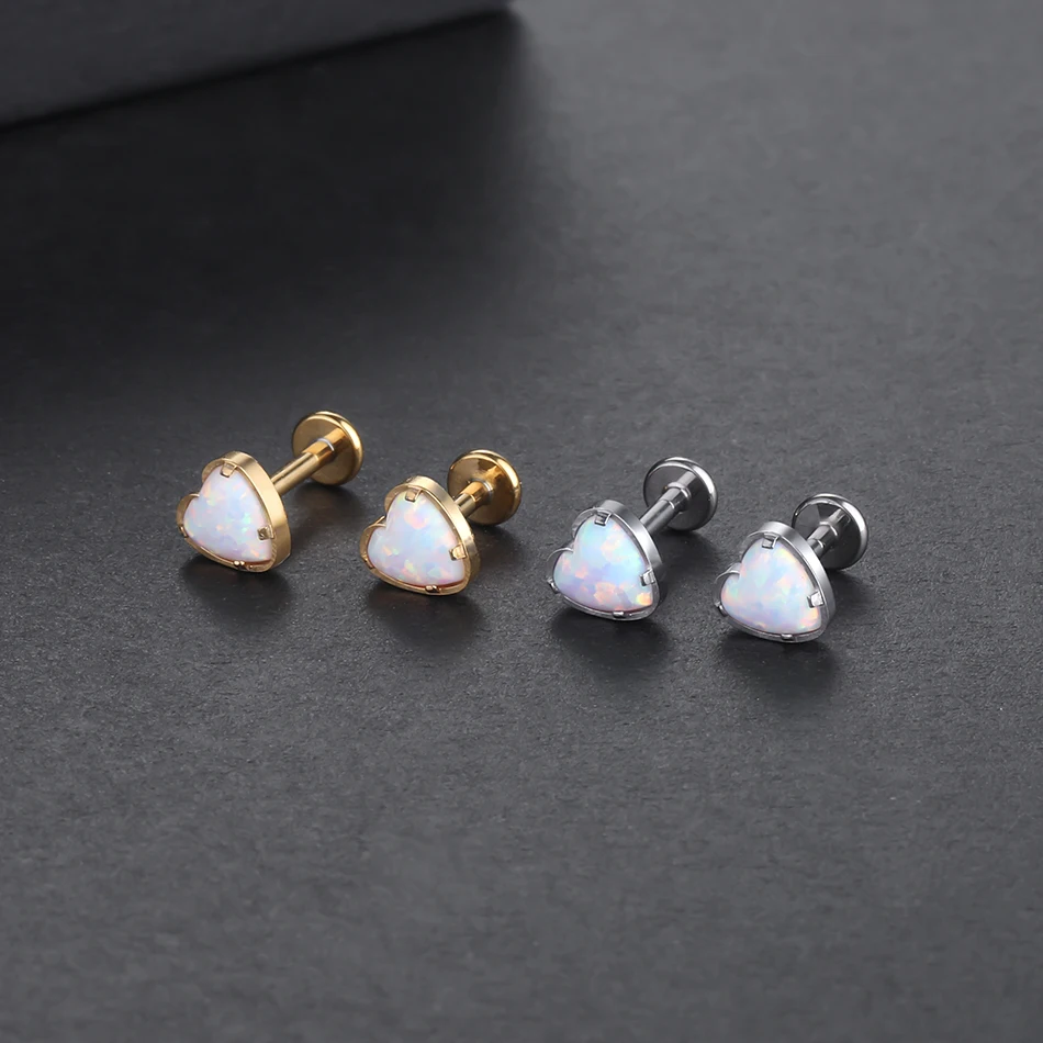 1pc 16g titanium coração opal labret piercing rosca interna orelha hélice língua tragus brinco parafuso prisioneiro piercing jóias do corpo