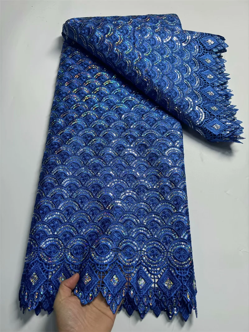 

Royal Blue African Guipure Lace Fabric Nigerian Embroidery Cord Mesh Water Soluble Dress Material With Sequins 5 Yards ZW26