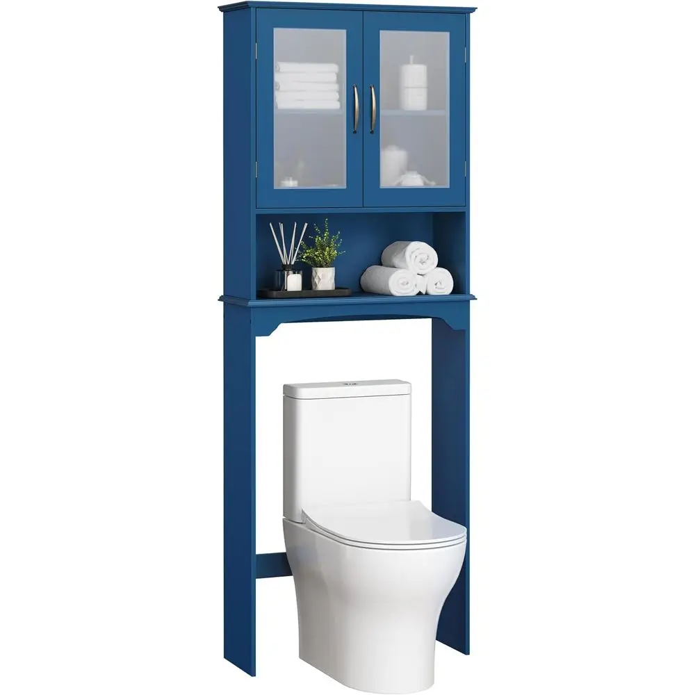 Over the Toilet Storage Cabinet with 2 Glass Do, Navy Blue | Bathroom Organizer, Height-Adjustable Above Toilet Shel Rack, Restr