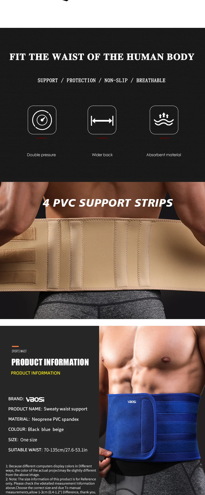VBOSI Verstellbares Taillenstützband mit PVC-Halterungen für Männer und Frauen – Rückenstütze für Sport, Training und den täglichen Gebrauch – Detail 2