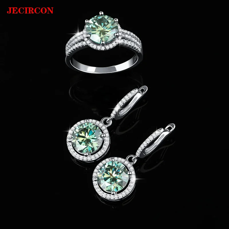 

JECIRCON S925 Sterling Silver Moissanite Jewelry Set for Women, 3CT Round Green Diamond Ring & Drop Earrings Sparkling Jewelry