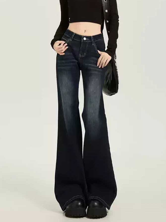American Deep Blue Low Waist Bell Bottom Jeans Women's New Large Size Fat MM Slim Elastic Floor Length Straight Leg Jeans