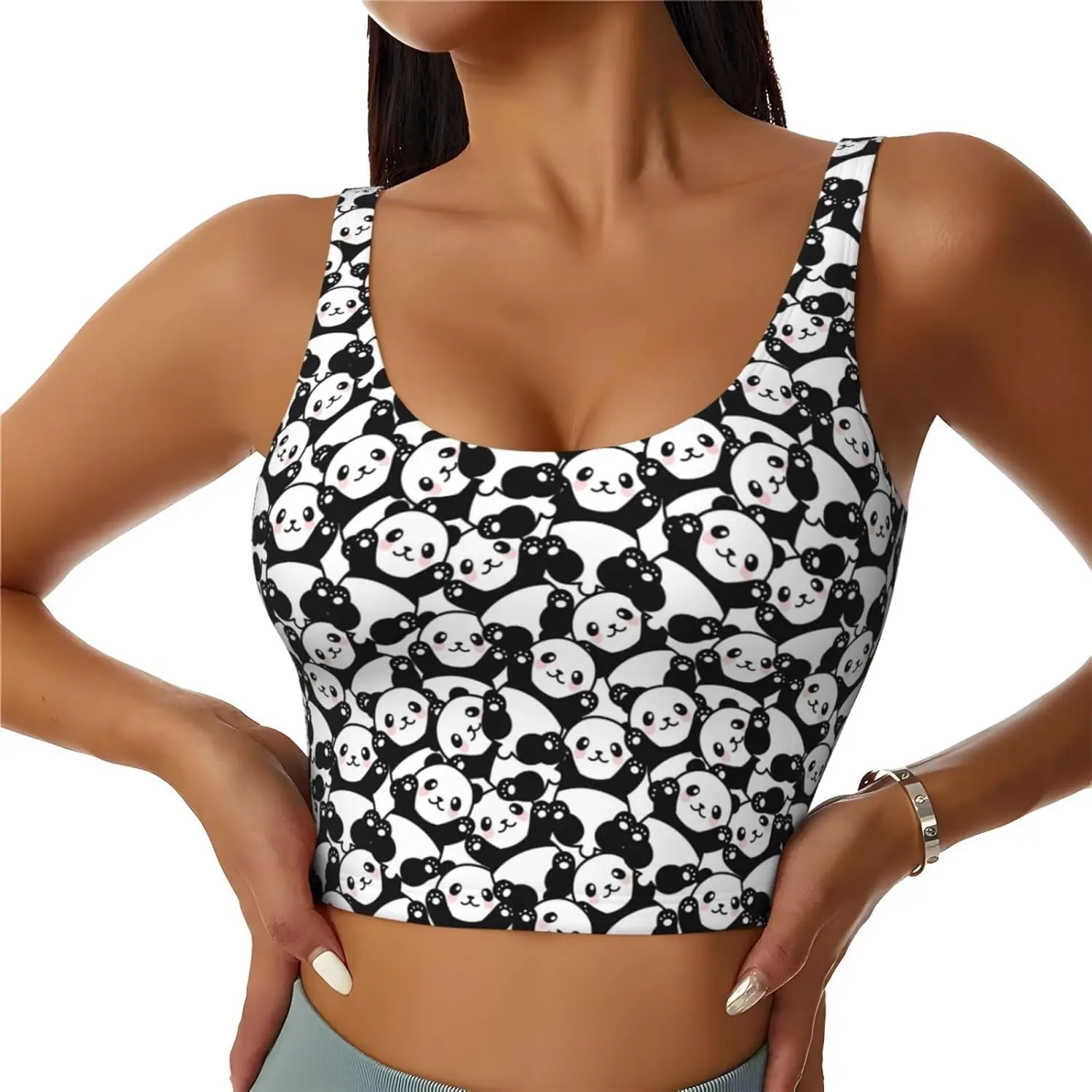 Pandas Women Sports Bras Scoop Neck Yoga Crop Tank Tops U Back Fitness Exercise Workout Running Top Print