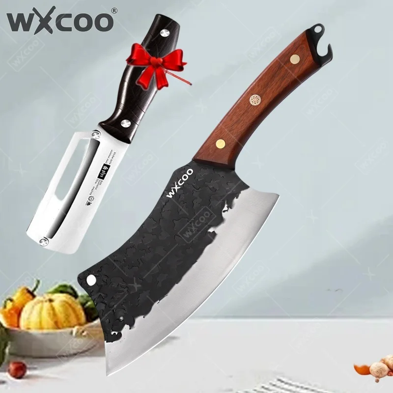 WXCOO Multi functional Kitchen Knife with Unique Bottle Opener Knife Handmade Forged Butcher Knife Wooden Handle Gift Mini Knife