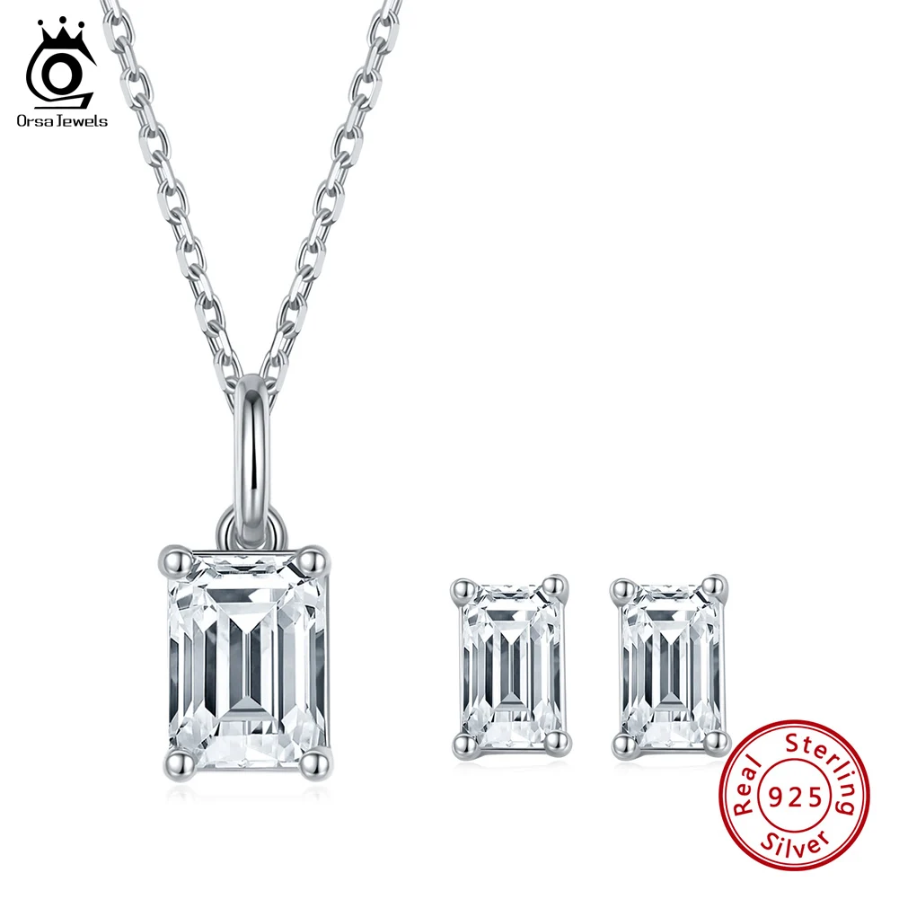 

ORSA JEWELS 925 Sterling Silver Shiny Moissanite Pendant Necklace Stud Earrings Rhodium Plated CZ Rectangle Jewelry Women SMN32