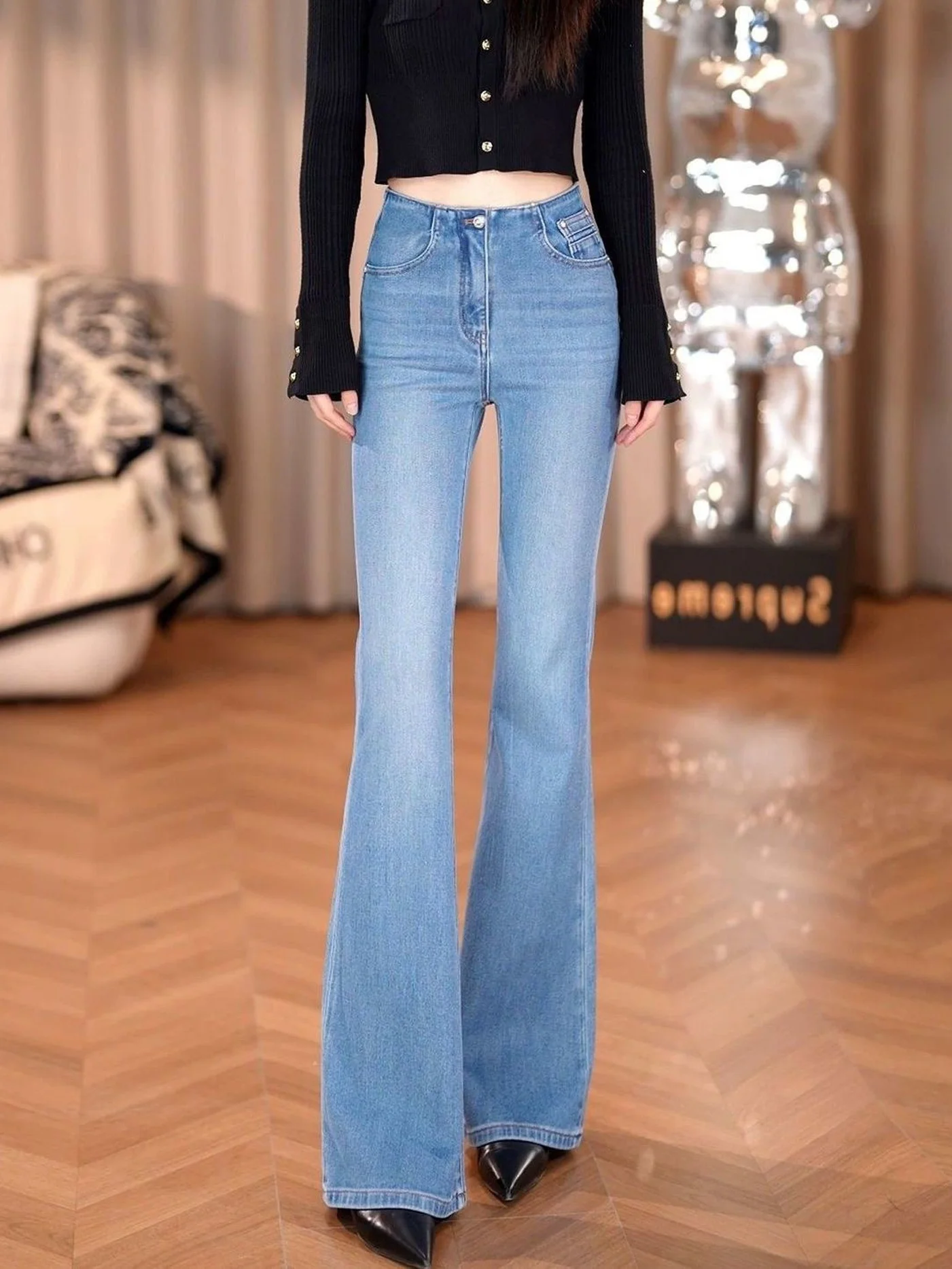 High Waist Bell Bottom Denim Jeans Women's Slimming American Style Fashionable Youthful Elastic Ladies Bootcut Pants