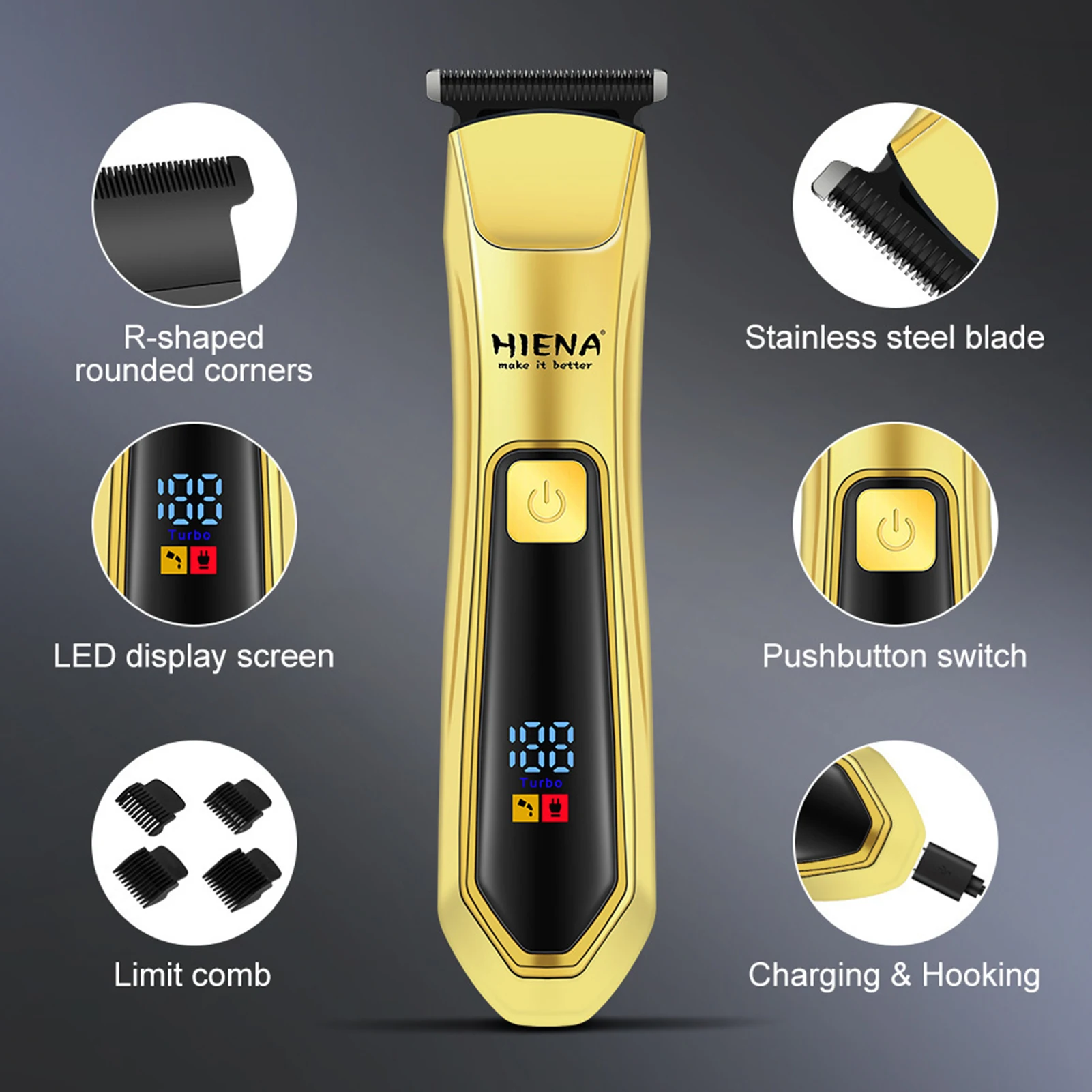 HIENA Cordless Hair Clipper Professional Electric Carving Hair Trimmer Set Barber Salon Hairdressing Cutting Shaver Beard Razors