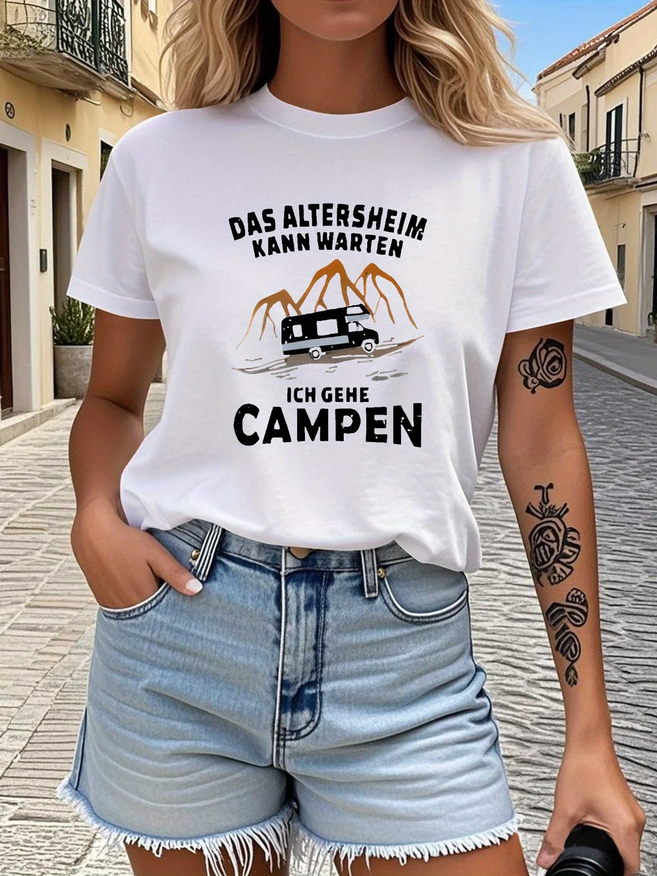 تي شيرت نسائي برسومات RV التخييم الألمانية الفكاهة مع تصميم شاحنة التخييم الجبلية Harajuku بأكمام قصيرة كاجوال #2