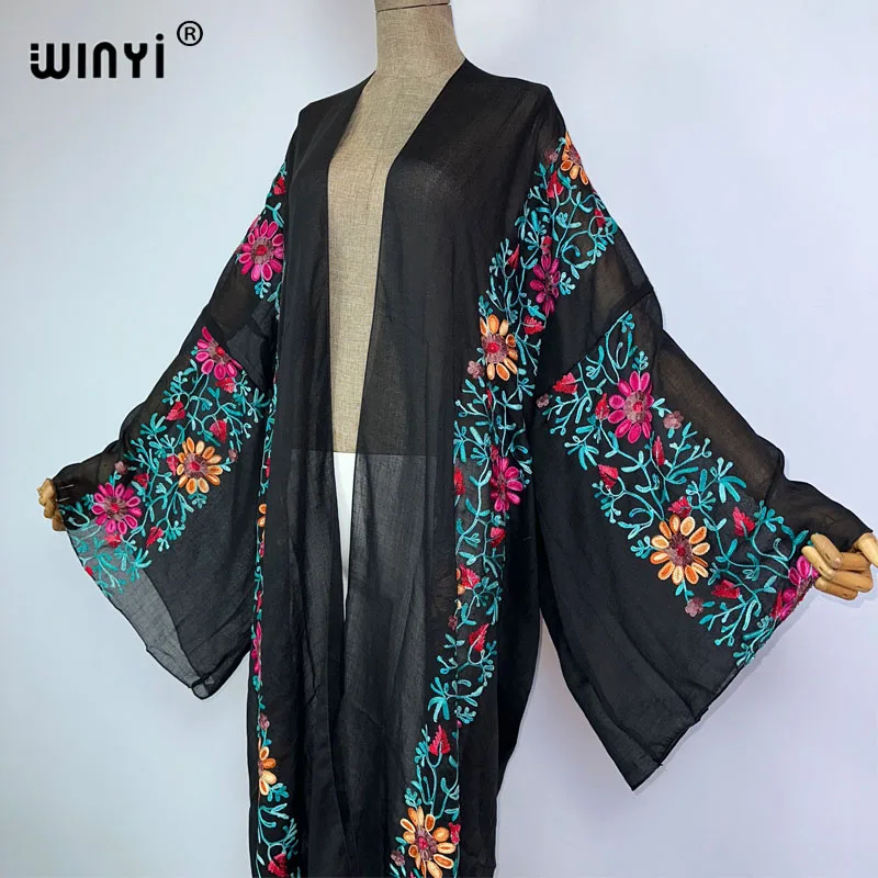 WINYI kimono haftowany wzór boho kaftany plażowe zakrywające sweter stroje plażowe na wakacje dla kobiet купальник