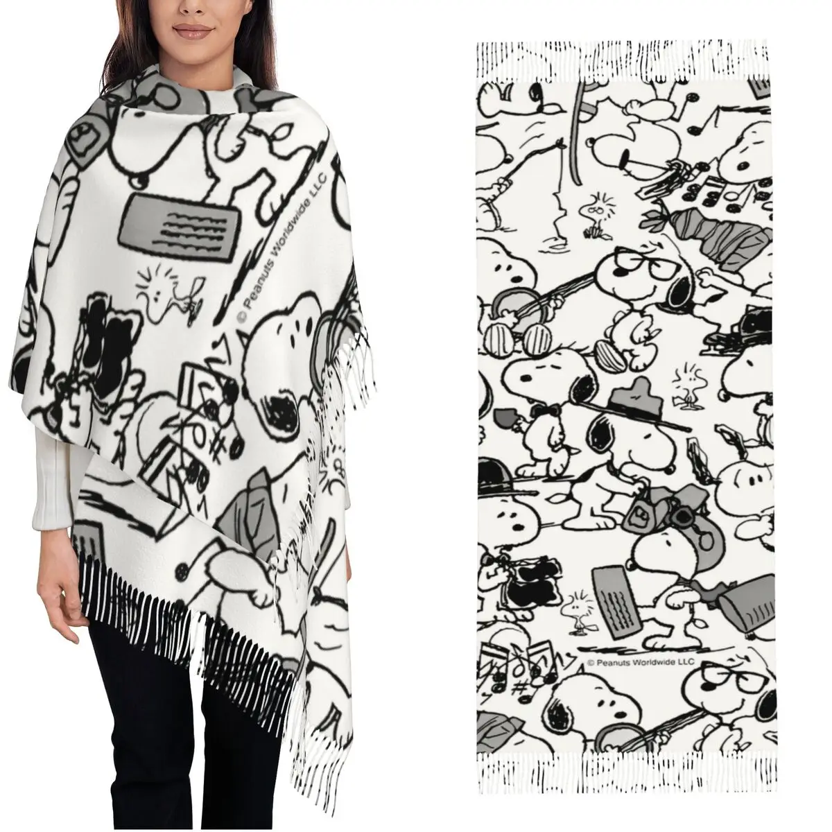 Peanuts Snoopy Collection Shawl Wraps Women Winter Warm Long Soft Scarf Cartoon Cute Pashmina Tassel Scarves